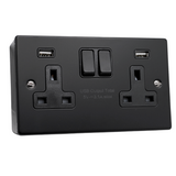 SH|P® 2 Gang 13A Switched Socket with 15W FASTCHARGE USB Ports (Type A + A) – Matte Black with 32mm Surface Mount Back Box