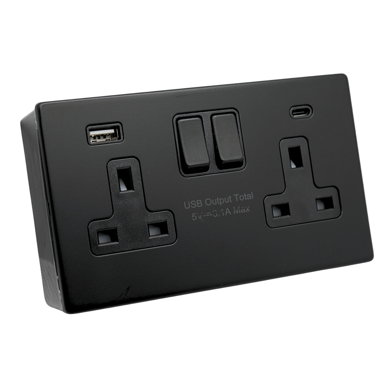 SH|P® Concealed 2 Gang 13A Switched Socket with 15W FASTCHARGE USB Ports (Type A + C) – Screwless Matte Black with 32mm Surface Mount Back Box