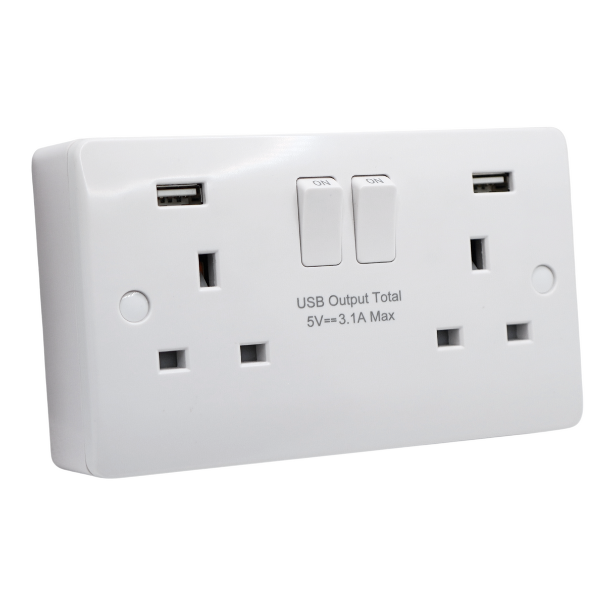 SH|P CONVEX FastCharge Range Curved Edge White 13A 2 Gang Switched Socket with 15W A+A USB Ports and 35mm Surface Mount Back Box