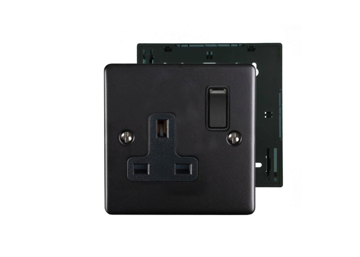 Matt Black 1 Gang 13A Switched Socket and 35mm Surface Mount Back Box