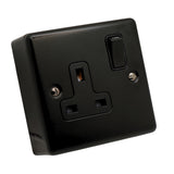 SHPELEC® Matt Black Finish 13A Metal 1 Gang Switched Socket + PVC Surface Mount Back Box