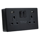 SH|P® Concealed 2 Gang 13A Switched Socket with 15W FASTCHARGE USB Ports (Type A + A) – Screwless Matte Black with 32mm Surface Mount Back Box