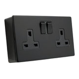 SHPELEC® Matt Black Screwless Metal 2 Gang 13A Switched Socket and 25mm Surface Mount Pattress Box