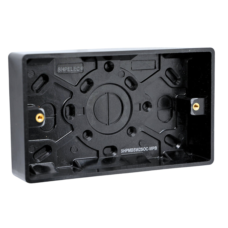 SH|P Matt Black 2 Gang 13A Switched Socket and 28mm Bakelite Surface Mount Back Box