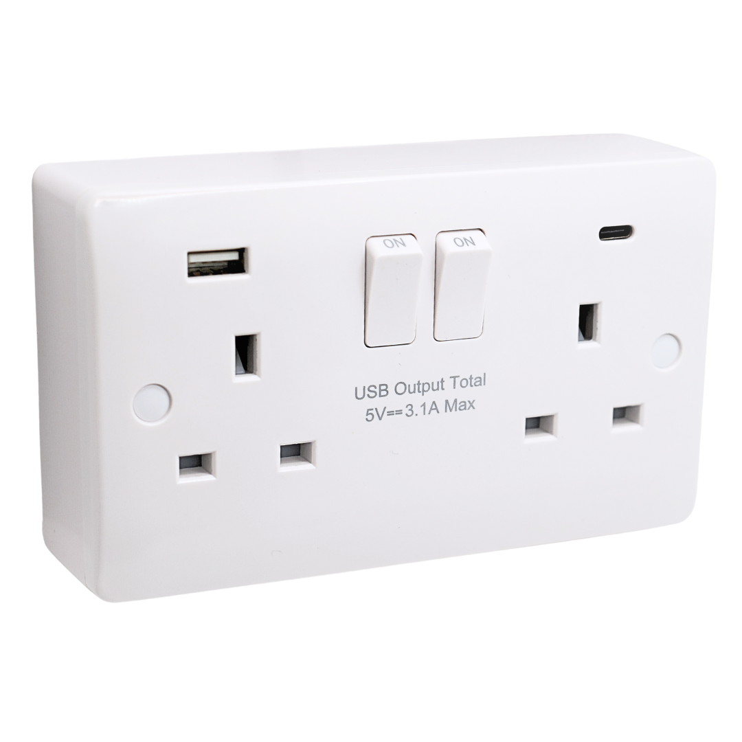 SH|P CONVEX FASTCHARGE Range Curved Edge White 13A 2 Gang Switched Socket with 15W A+C USB Ports and 35mm Surface Mount Back Box