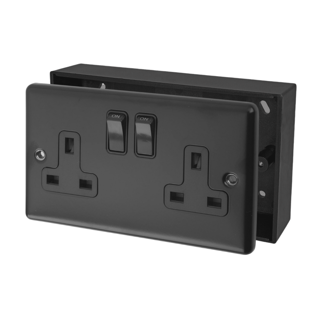 SH|P Matt Black 2 Gang 13A Switched Socket and 28mm Bakelite Surface Mount Back Box