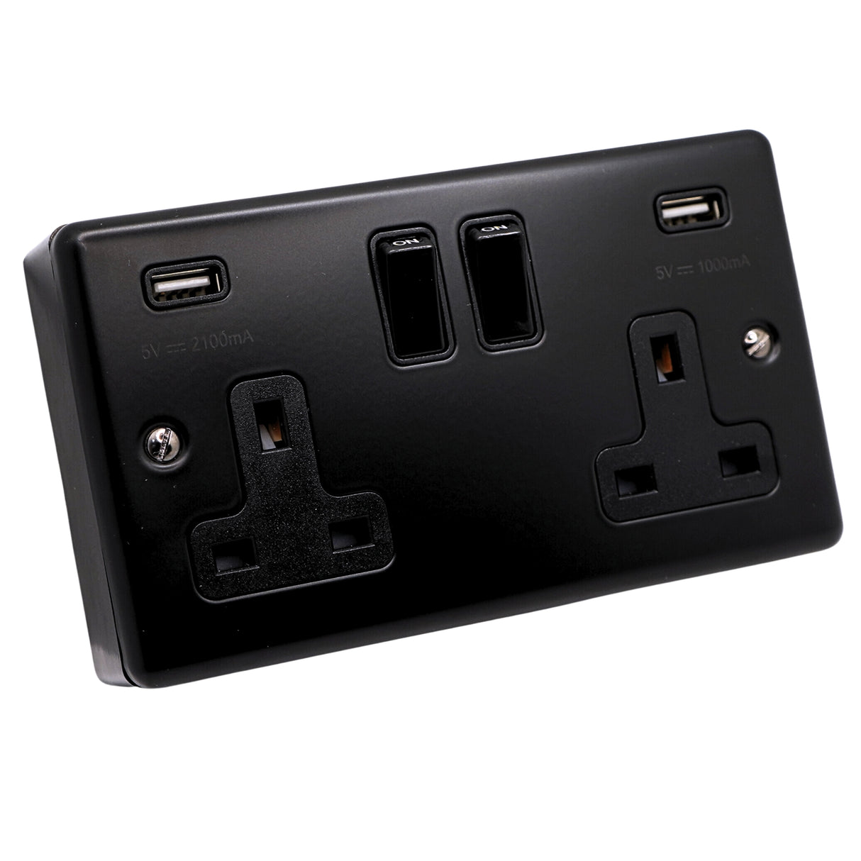 SHPELEC® Matt Black 2 Gang 13A Switched Socket with USB Ports (Type A) and 25mm Surface Mount Back Box