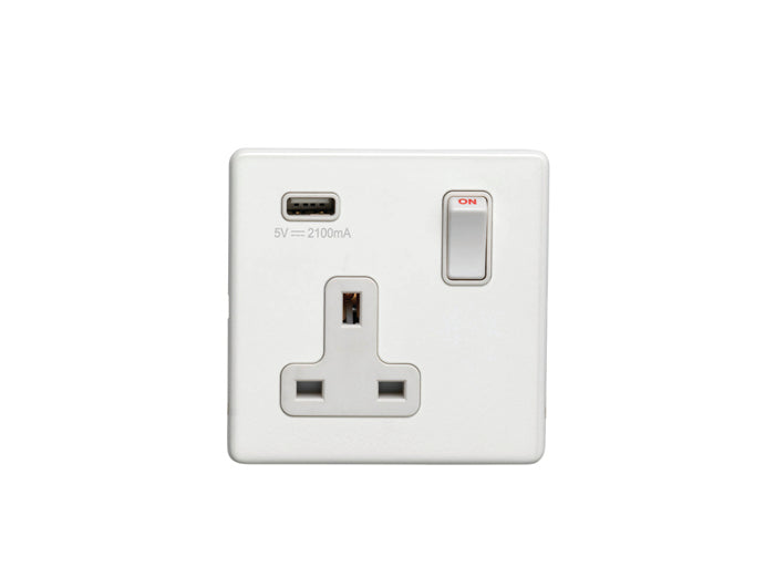 1 Gang 13Amp Dp Switched Socket With 2.1 Amp Usb Outlet Flat Concealed White Plate White Rocker