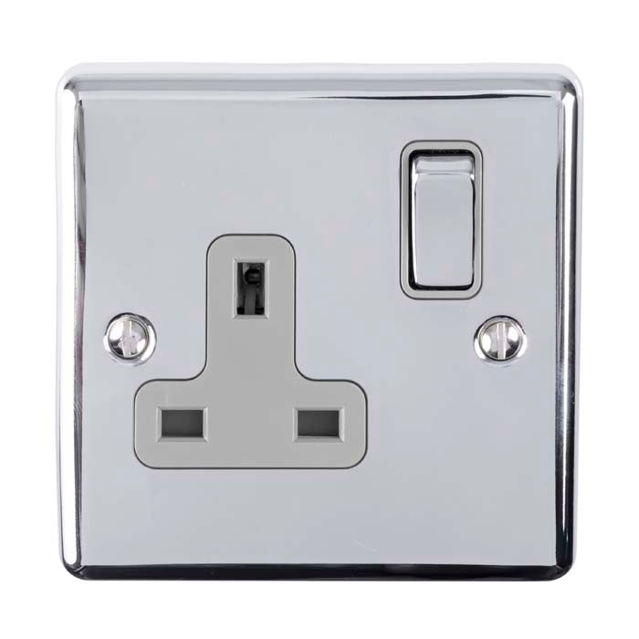 1 GANG 13AMP DP SWITCHED SOCKET POLISHED CHROME ENHANCE RANGE GREY TRIM