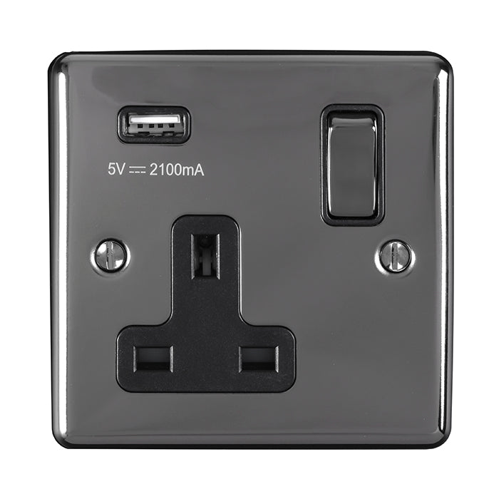 1 Gang 13Amp Switched Socket With 2.1 Amp Usb Outlet Black Nickel Enhance Range Black Trim