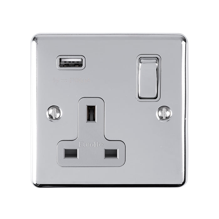 1 GANG 13AMP SWITCHED SOCKET WITH 2.1 AMP USB OUTLET POLISHED CHROME ENHANCE RANGE GREY TRIM