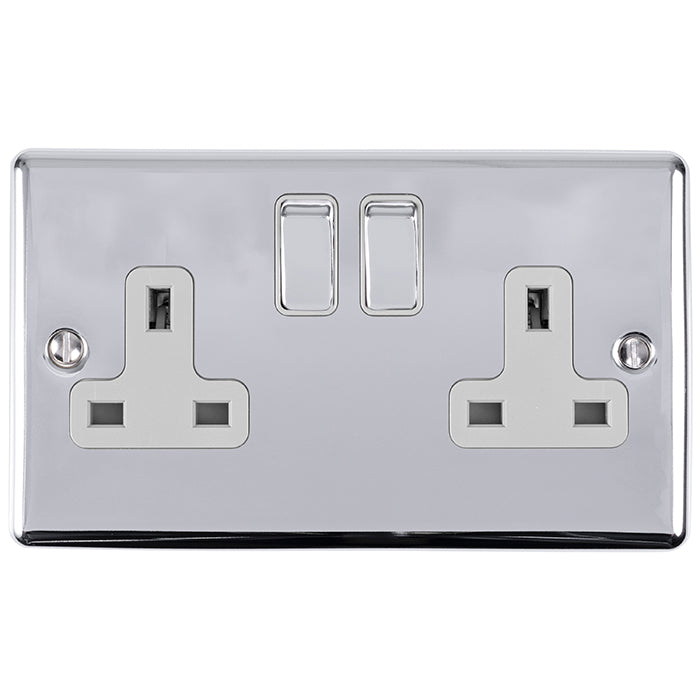 2 GANG 13AMP DP SWITCHED SOCKET POLISHED CHROME ENHANCE RANGE GREY TRIM