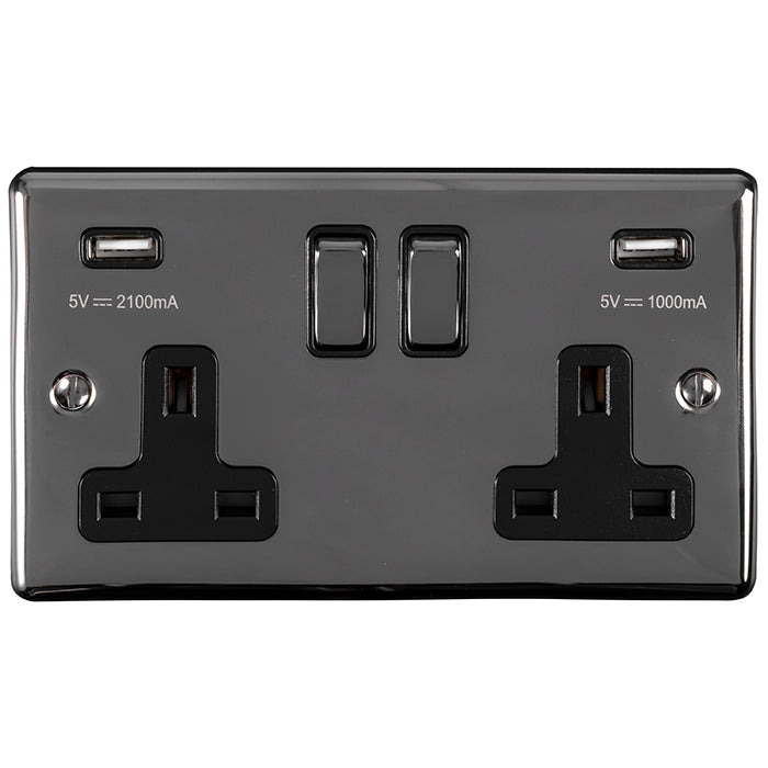 2 Gang 13Amp Switched Socket With Comb 3.1 Amp Usb Outlets Black Nickel Enhance Range Black Trim