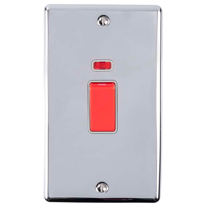 2 GANG 45AMP DP SWITCH WITH NEON POLISHED CHROME ENHANCE RANGE GREY TRIM