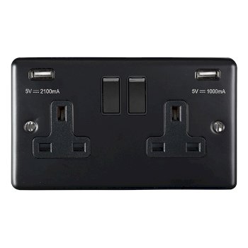 2 GANG 13AMP SWITCHED SOCKET WITH COMB 3.1 AMP USB OUTLETS MATT BLACK ENHANCE RANGE BLACK TRIM