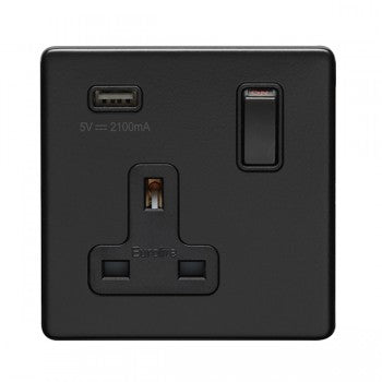 1 Gang 13Amp Dp Switched Socket With 2.1 Amp Usb Outlet Flat Concealed Matt Black Plate Black Rocker