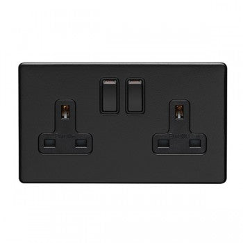 2 Gang 13Amp Dp Switched Socket Flat Concealed Matt Black Plate Black Rockers